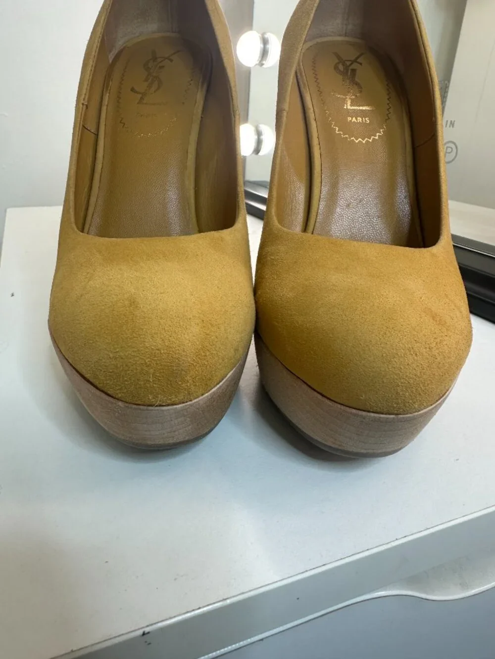 Yves Saint Laurent YSL Tribute Mustard Suede Platform Wedge Pumps, EU 36.5 / US